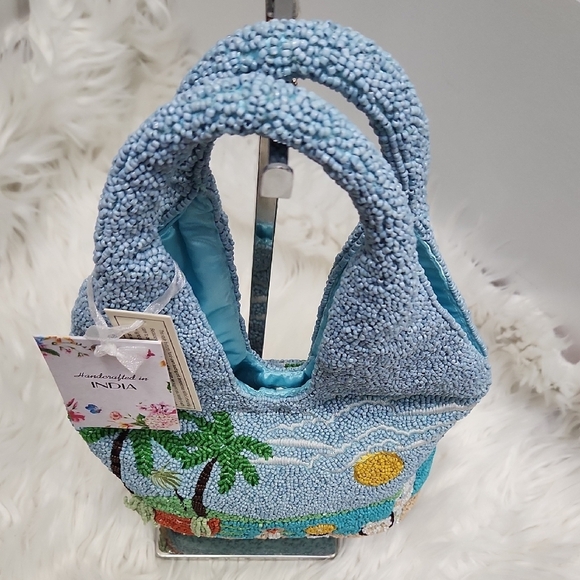 🔹️Made In india 🔹️Blue  Vacation Palm Trees Summer Beach Beaded Tote Bag - Picture 5 of 11